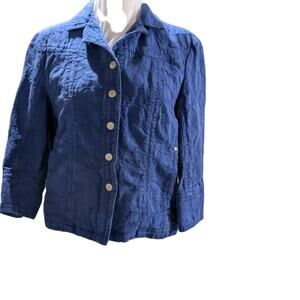 Coldwater Creek Blazer Jacket Women's Petite 10P Blue Embroidered Floral Pockets